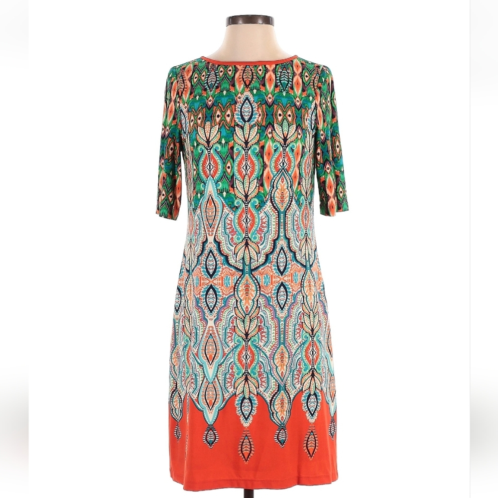 Eliza J Orange and Green Paisley Medallion Stretchy Sheath Dress Size 4